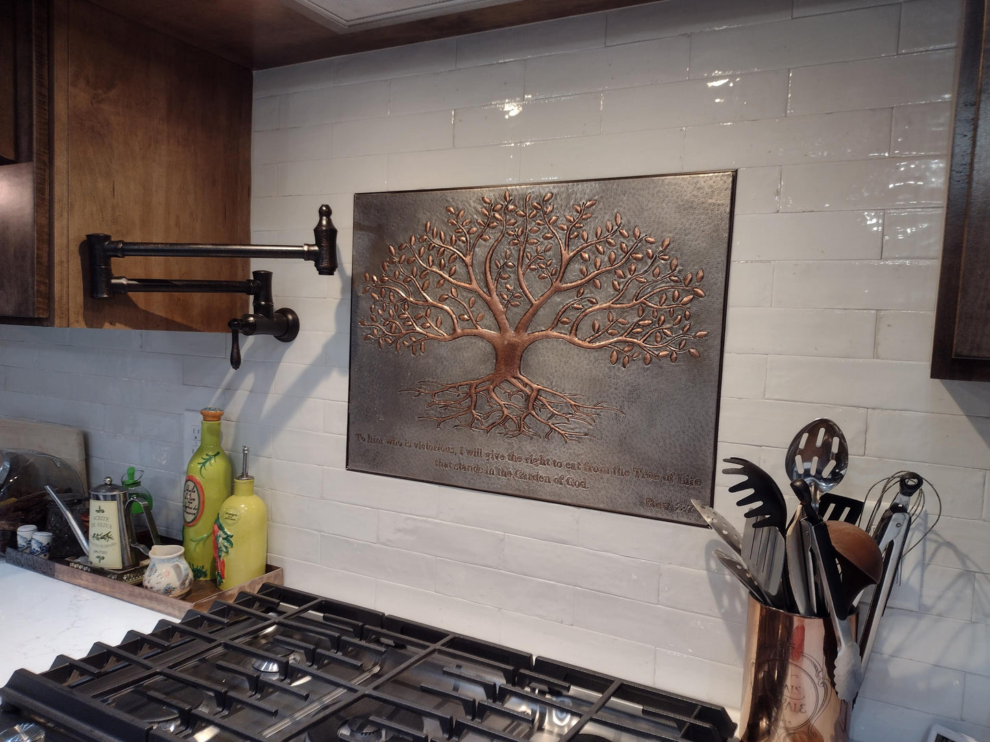 Gray & Copper Tree With Roots Backsplash | Modern Handmade Copper Kitchen Backsplash Panel - Natuross
