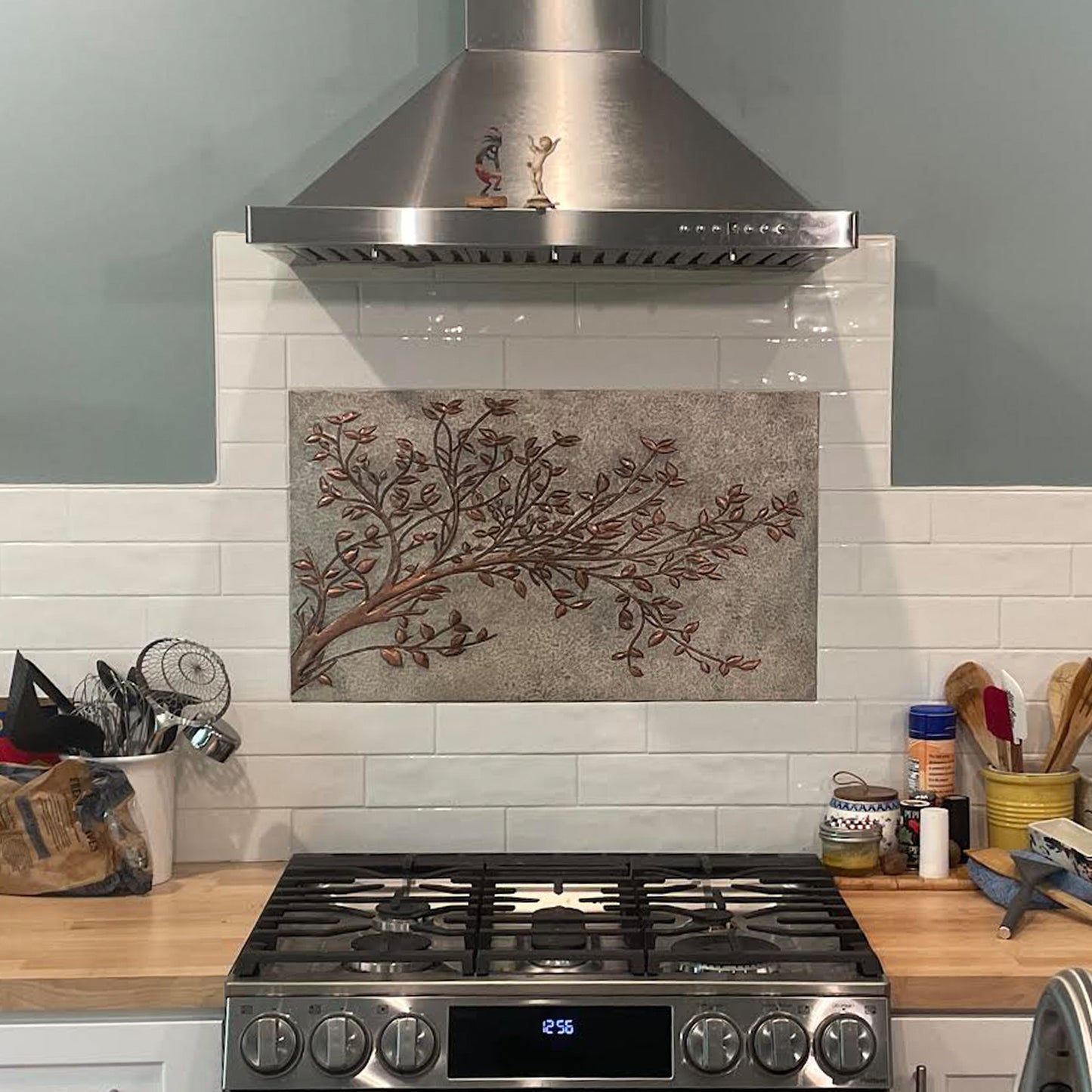 Gray Copper Tree Branches Backsplash | Handmade Copper Kitchen Backsplash Tile