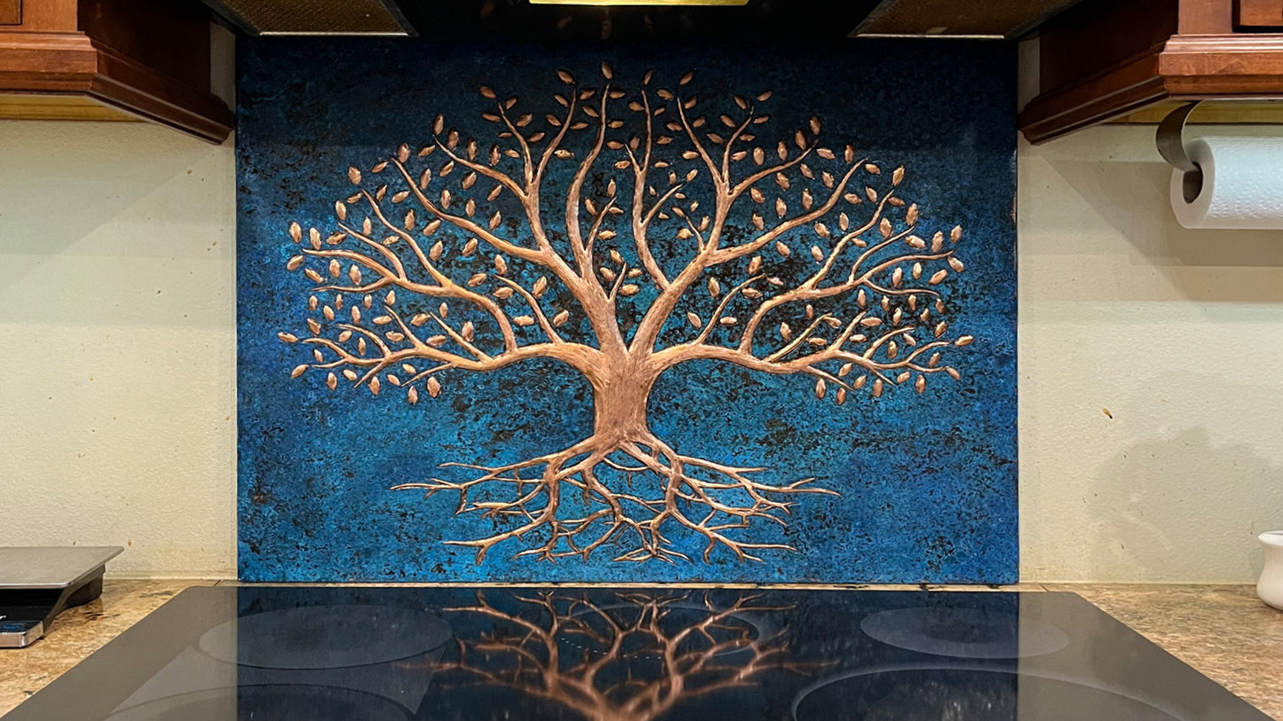 Blue Tree With Roots Copper Backsplash | Bold Patina Handmade Copper Kitchen Backsplash Panel - Natuross