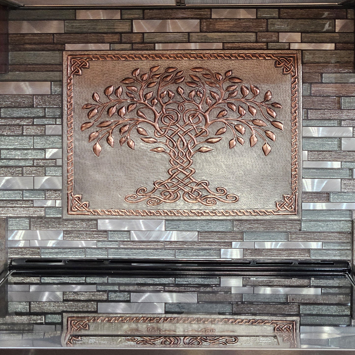Gray & Copper Tree of Life Backsplash | Two-Tone Handmade Copper Kitchen Wall Art - Natuross