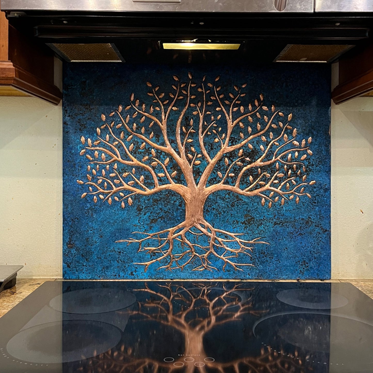 Blue Tree With Roots Copper Backsplash | Bold Patina Handmade Copper Kitchen Backsplash Panel - Natuross