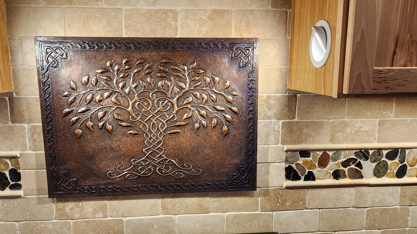 Brown Tree of Life Copper Backsplash | Rustic Handmade Farmhouse Copper Kitchen Wall Art - Natuross