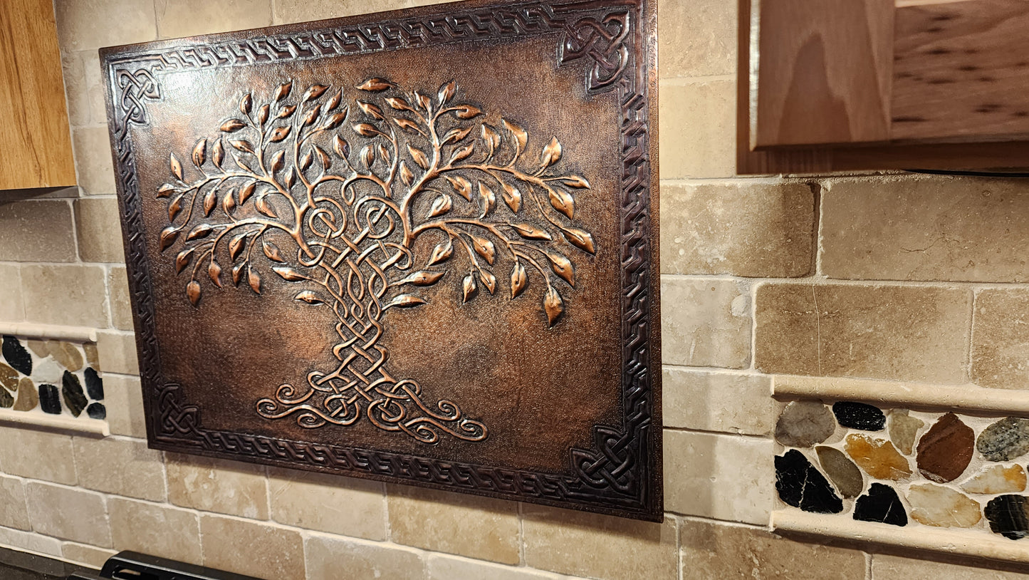 Brown Tree of Life Copper Backsplash | Rustic Handmade Farmhouse Copper Kitchen Wall Art - Natuross