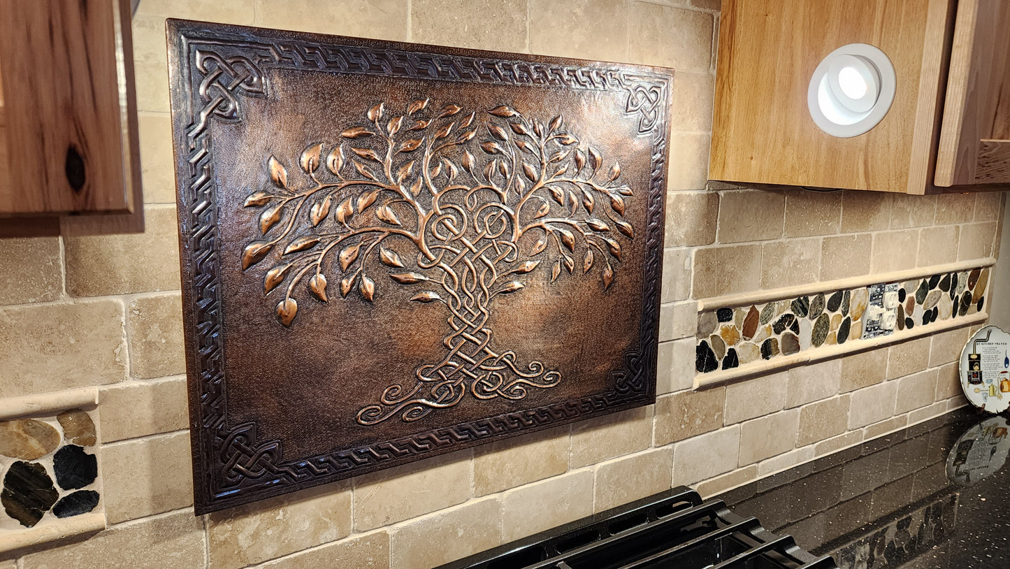 Brown Tree of Life Copper Backsplash | Rustic Handmade Farmhouse Copper Kitchen Wall Art - Natuross