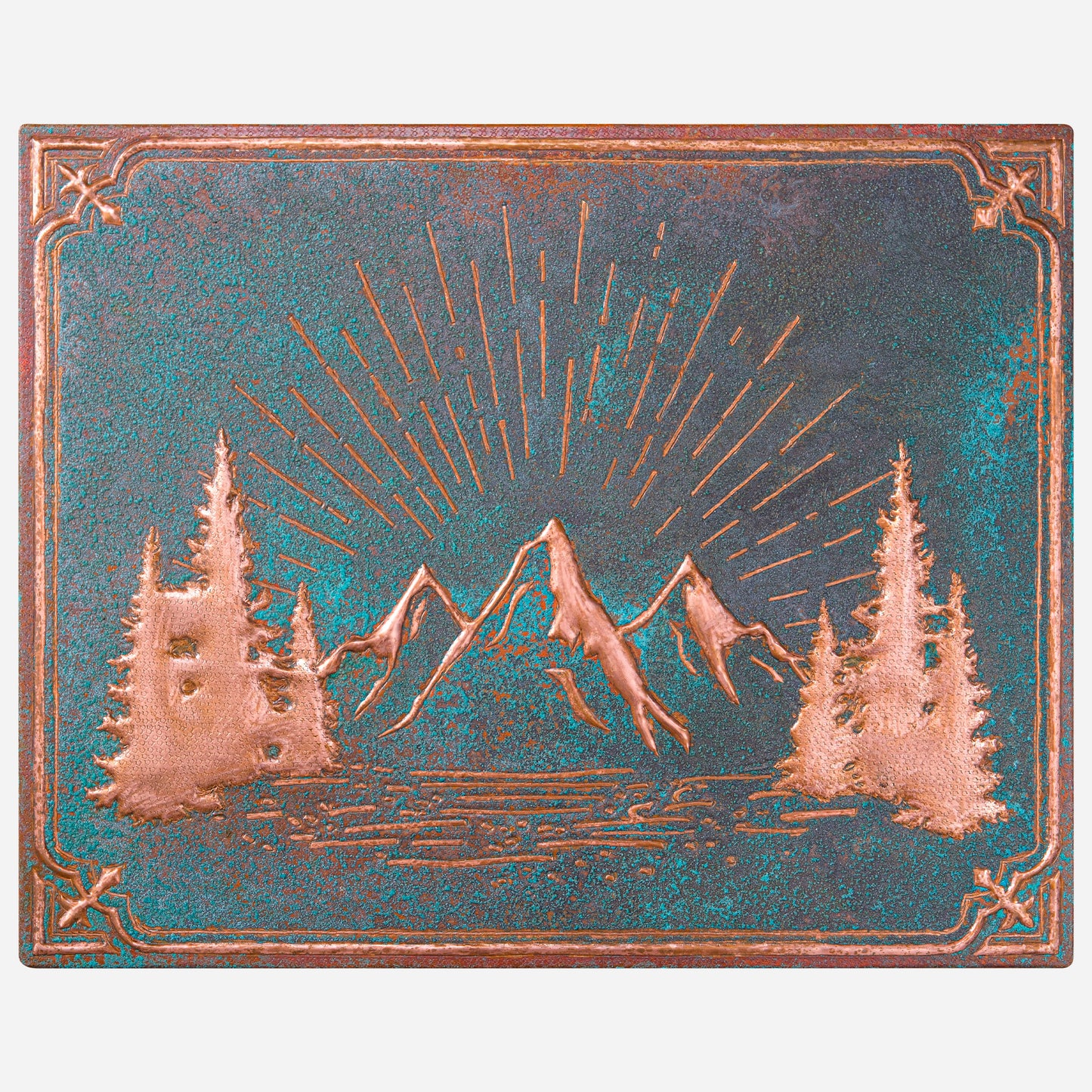 Copper Backsplash (Rising Sun Behind the Mountains, Green Patina)