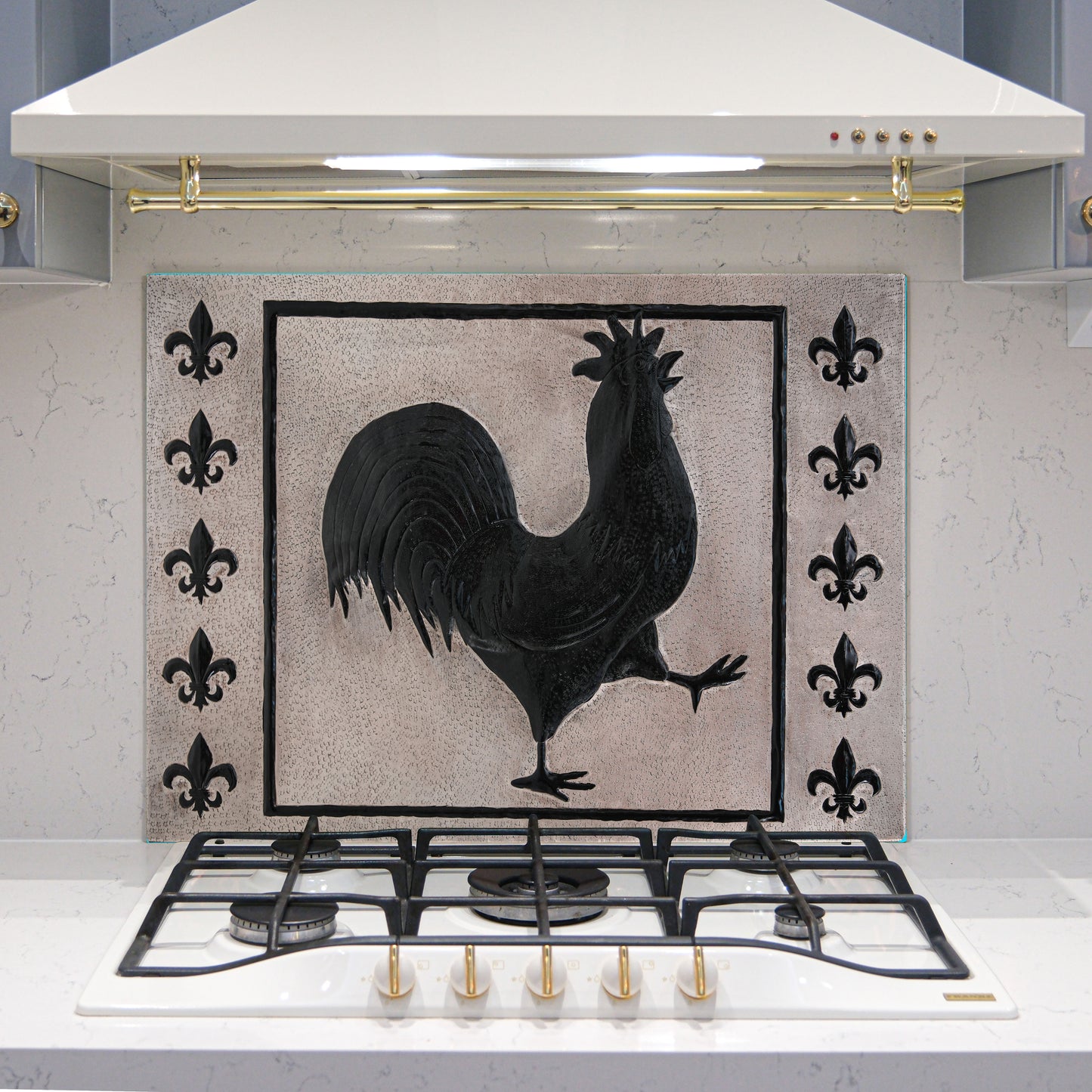 European Kitchen Backsplash Tile - Copper Rooster & Fleur De Lys - Gray & Black