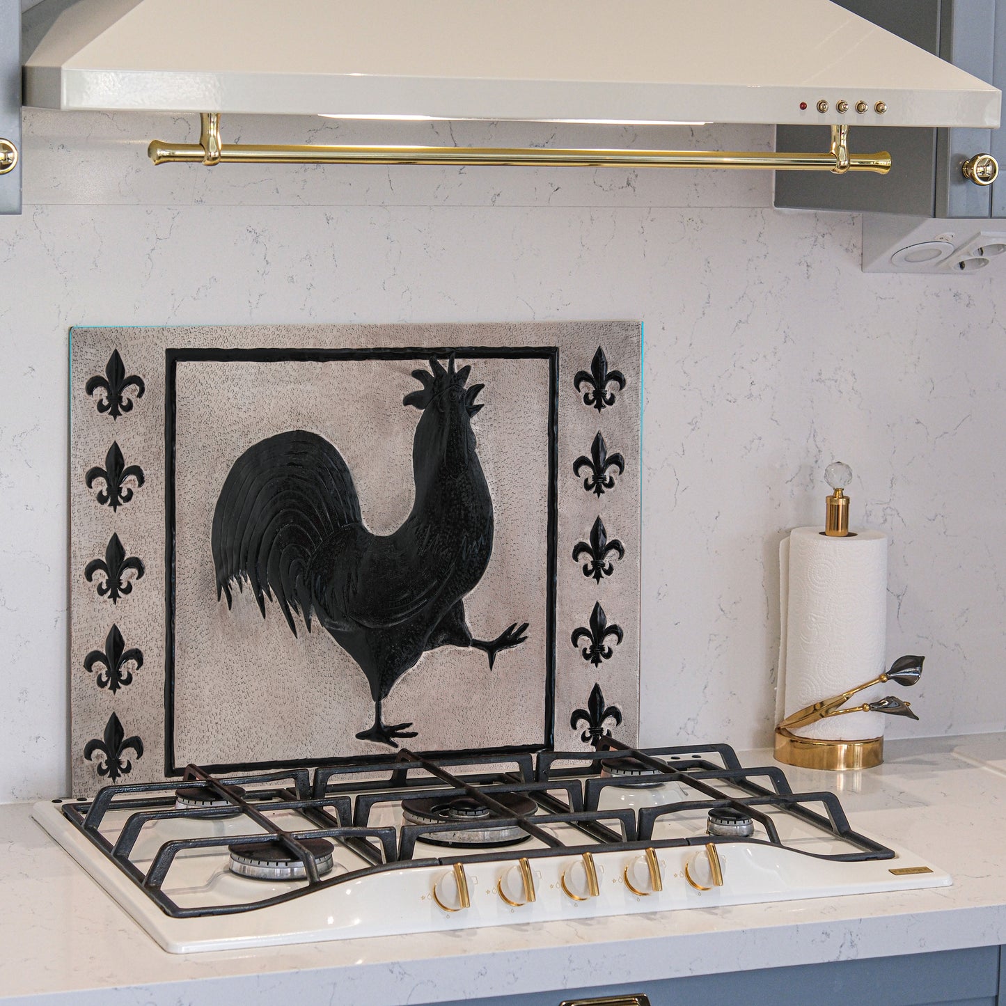 European Kitchen Backsplash Tile - Copper Rooster & Fleur De Lys - Gray & Black