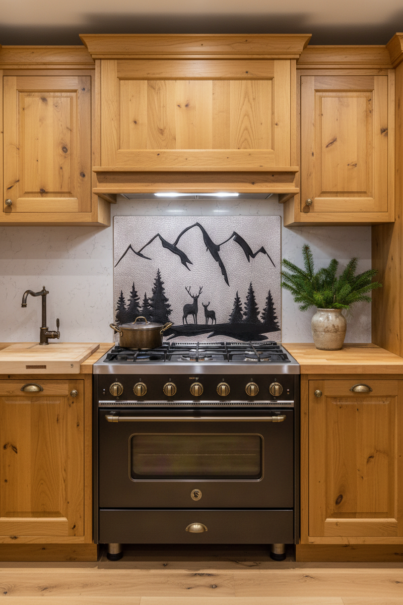 48 Inch Gray & Black Deer Copper Backsplash Over 48" Professional Range Mountain Chalet