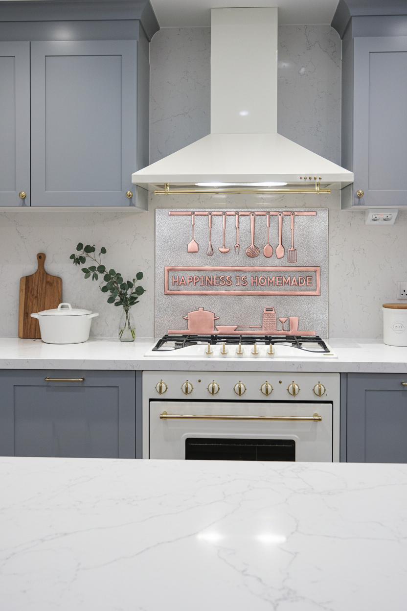 48 Inch Happiness is Homemade Gray & Copper Backsplash Over 48" Professional Range Scandinavian