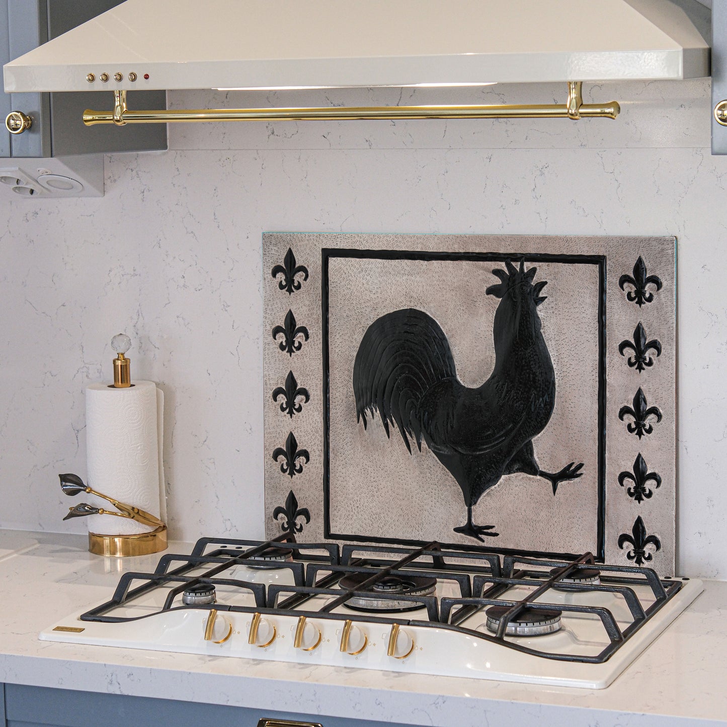 European Kitchen Backsplash Tile - Copper Rooster & Fleur De Lys - Gray & Black - Natuross