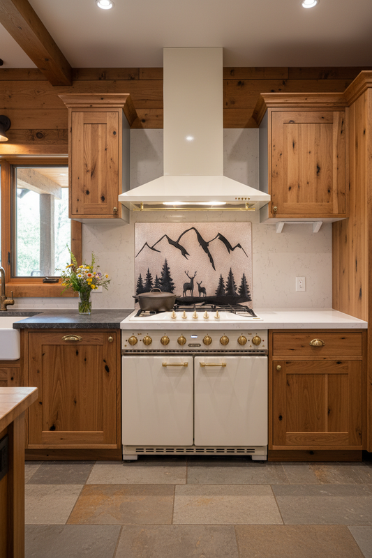 60 Inch Gray & Black Deer Copper Backsplash Over 60" Professional Range Wilderness Lodge
