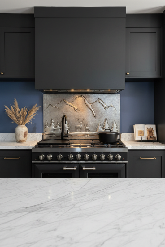 60 Inch Gray Deer Copper Backsplash Over 60" Professional Range Contemporary Lodge