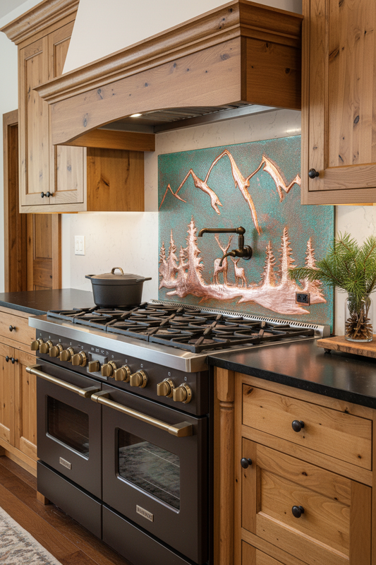 60 Inch Green Verdigris Deer Copper Backsplash Over 60" Professional Range Mountain Lodge