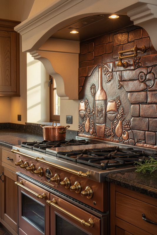 60x36 Inch Tuscan Wine Grapes Brown Patina Copper Backsplash Ultra Close-Up Front View Ultra-Luxury Italian Tuscan Villa Kitchen