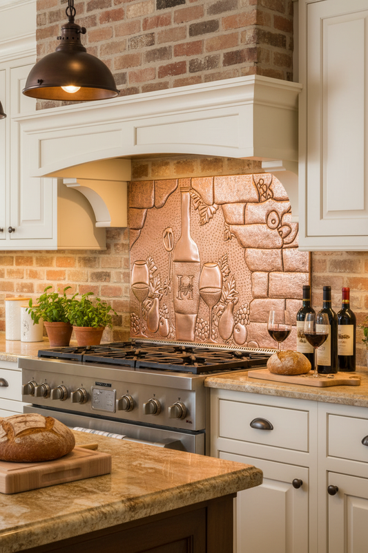 60x36 Inch Tuscan Wine Grapes Natural Copper Backsplash Ultra Close Detailed View Ultra-Luxury Tuscan Kitchen
