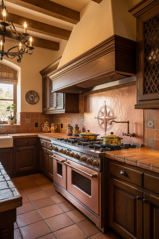 72 Inch Compass Rose Natural Copper Backsplash Over 60" Range Spanish Colonial Diagonal View