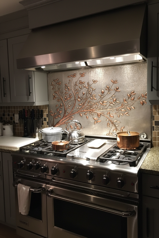 8. Silver + Copper - Tree branches backsplash transitional kitchen copper relief silver background 50-62 inches