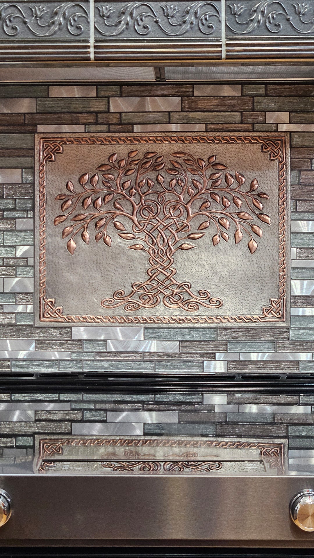 Gray & Copper Tree of Life Backsplash | Two-Tone Handmade Copper Kitchen Wall Art - Natuross