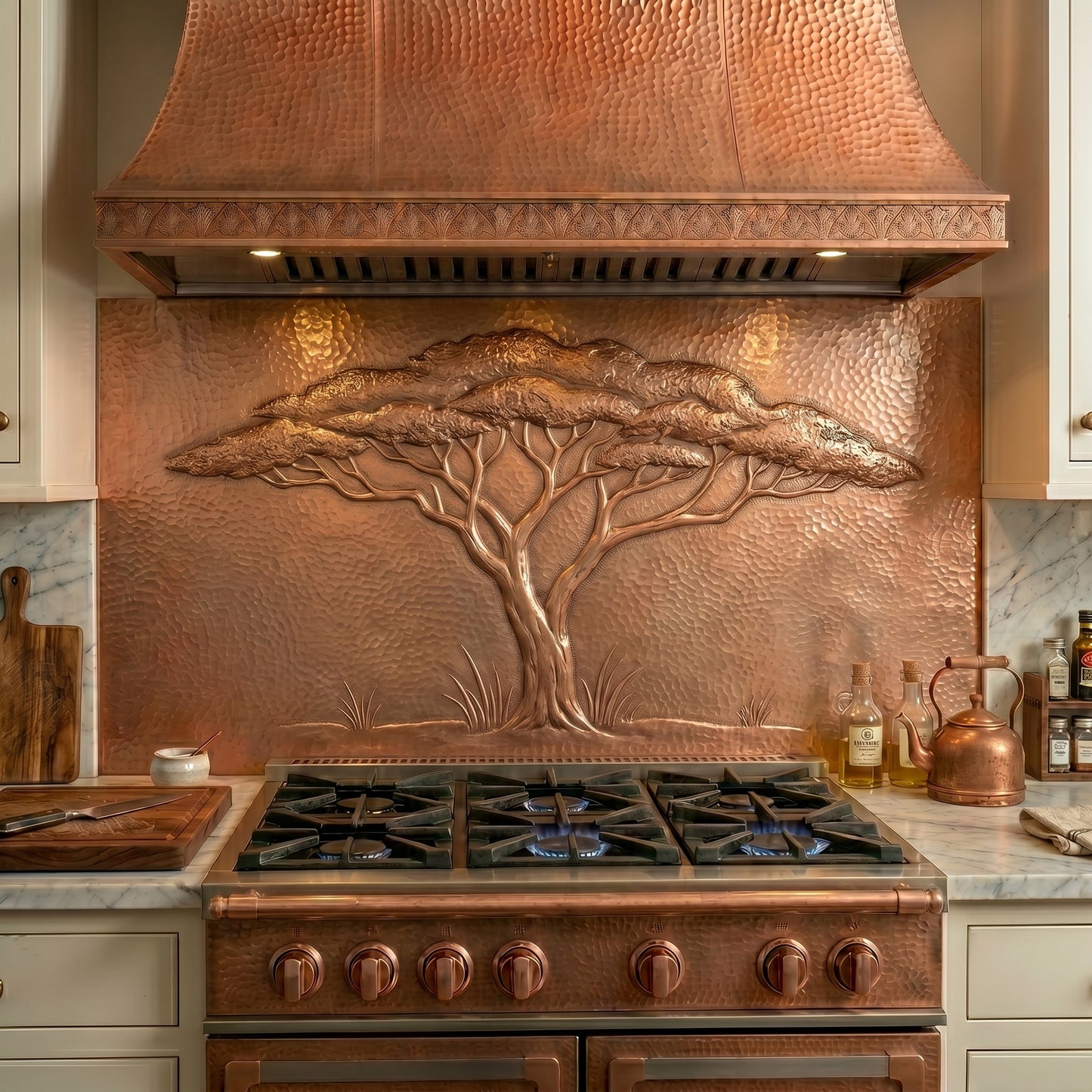 Acacia Tree copper stove backsplash handcrafted from real copper. Custom copper kitchen backsplash featuring an iconic acacia tree design, available in custom sizes and finishes.