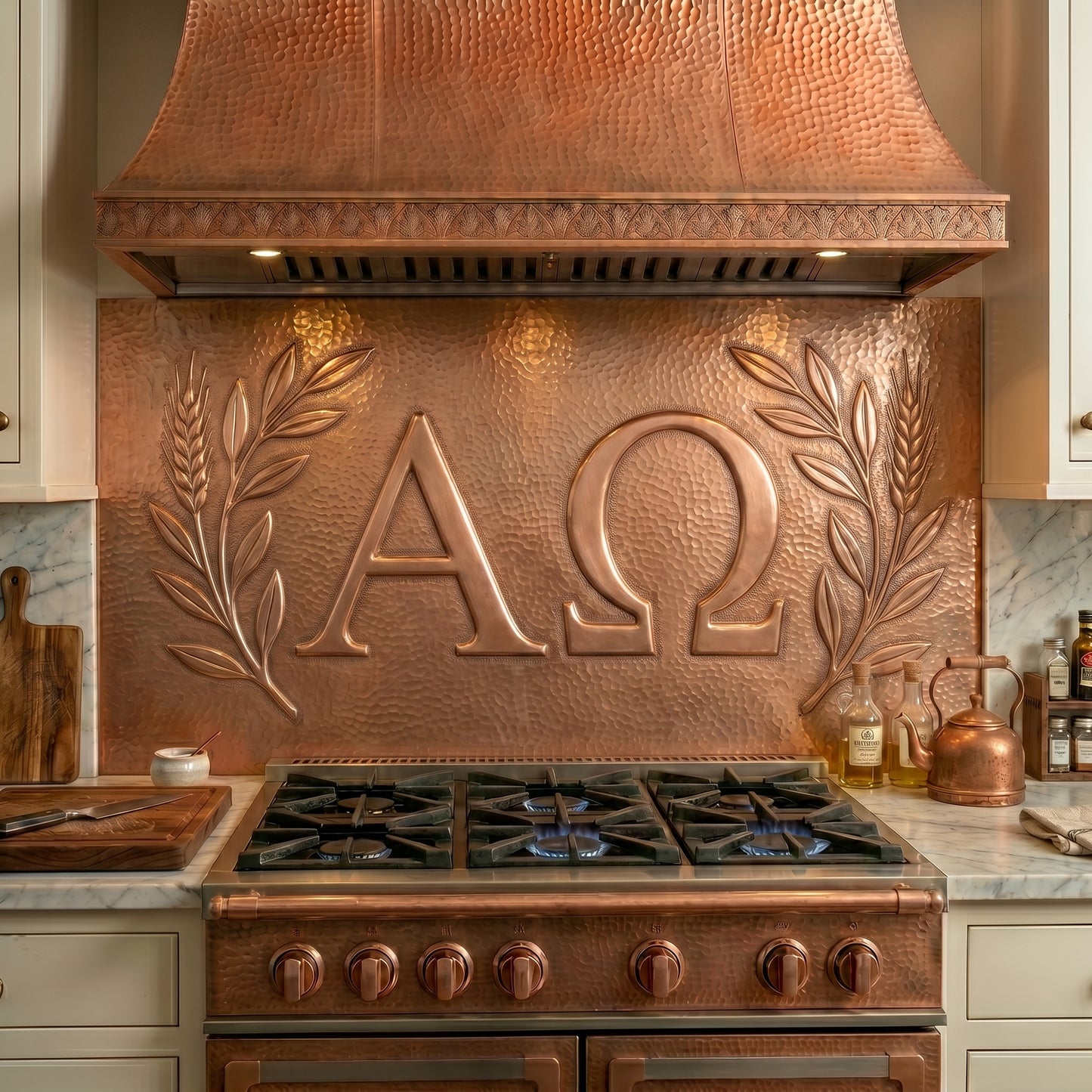 Alpha Omega copper stove backsplash handcrafted from real copper. Christian copper kitchen backsplash panel available in custom sizes and finishes.