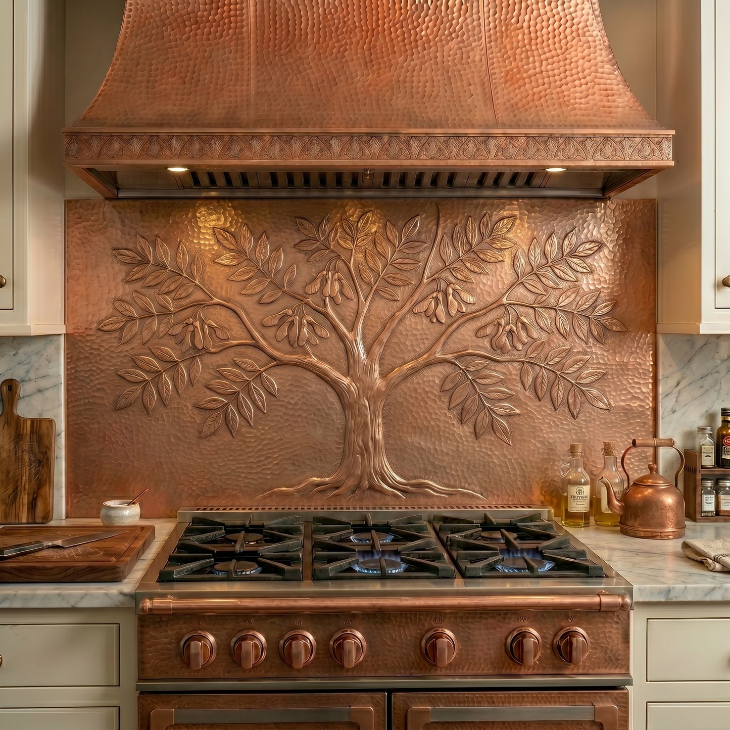 Ash Tree copper stove backsplash handcrafted from real copper. Custom copper kitchen backsplash panel featuring a detailed ash tree design, available in custom sizes and finishes.