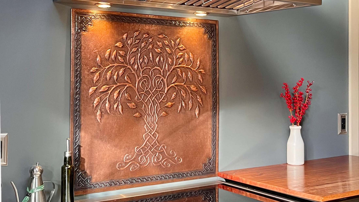 Brown Tree of Life Copper Backsplash | Rustic Handmade Farmhouse Copper Kitchen Wall Art - Natuross
