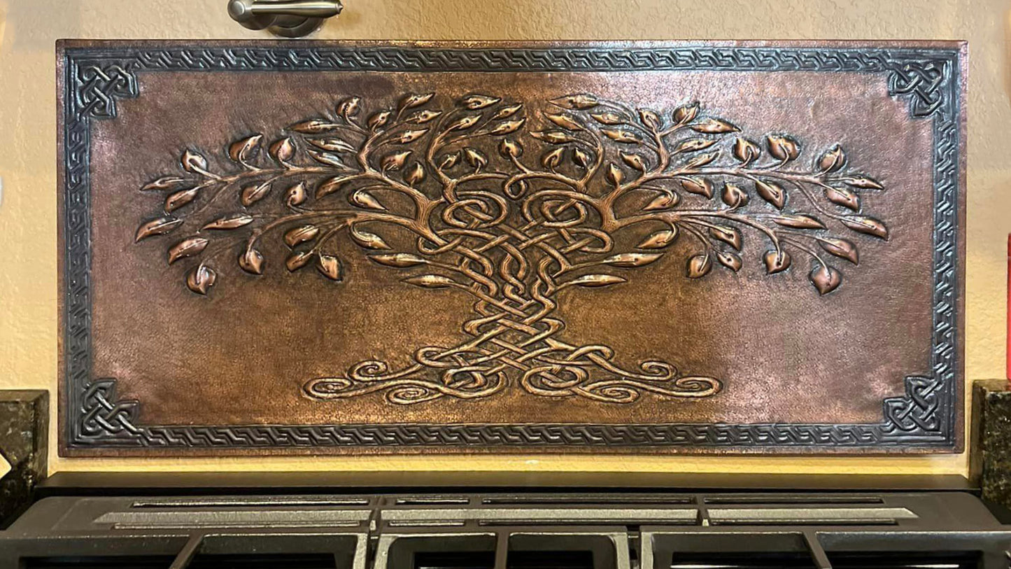Brown Tree of Life Copper Backsplash | Rustic Handmade Farmhouse Copper Kitchen Wall Art - Natuross