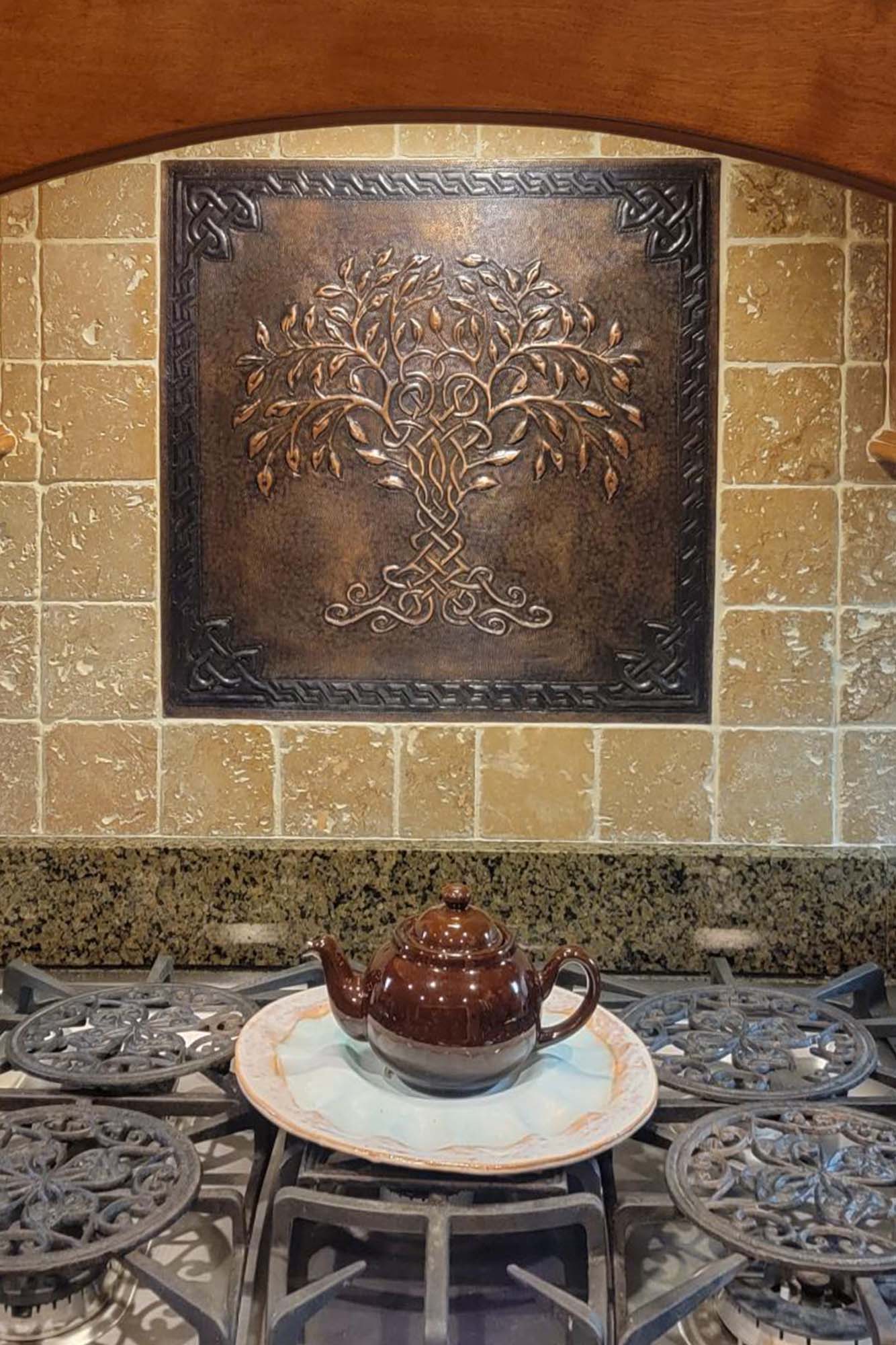 Brown Tree of Life Copper Backsplash | Rustic Handmade Farmhouse Copper Kitchen Wall Art - Natuross