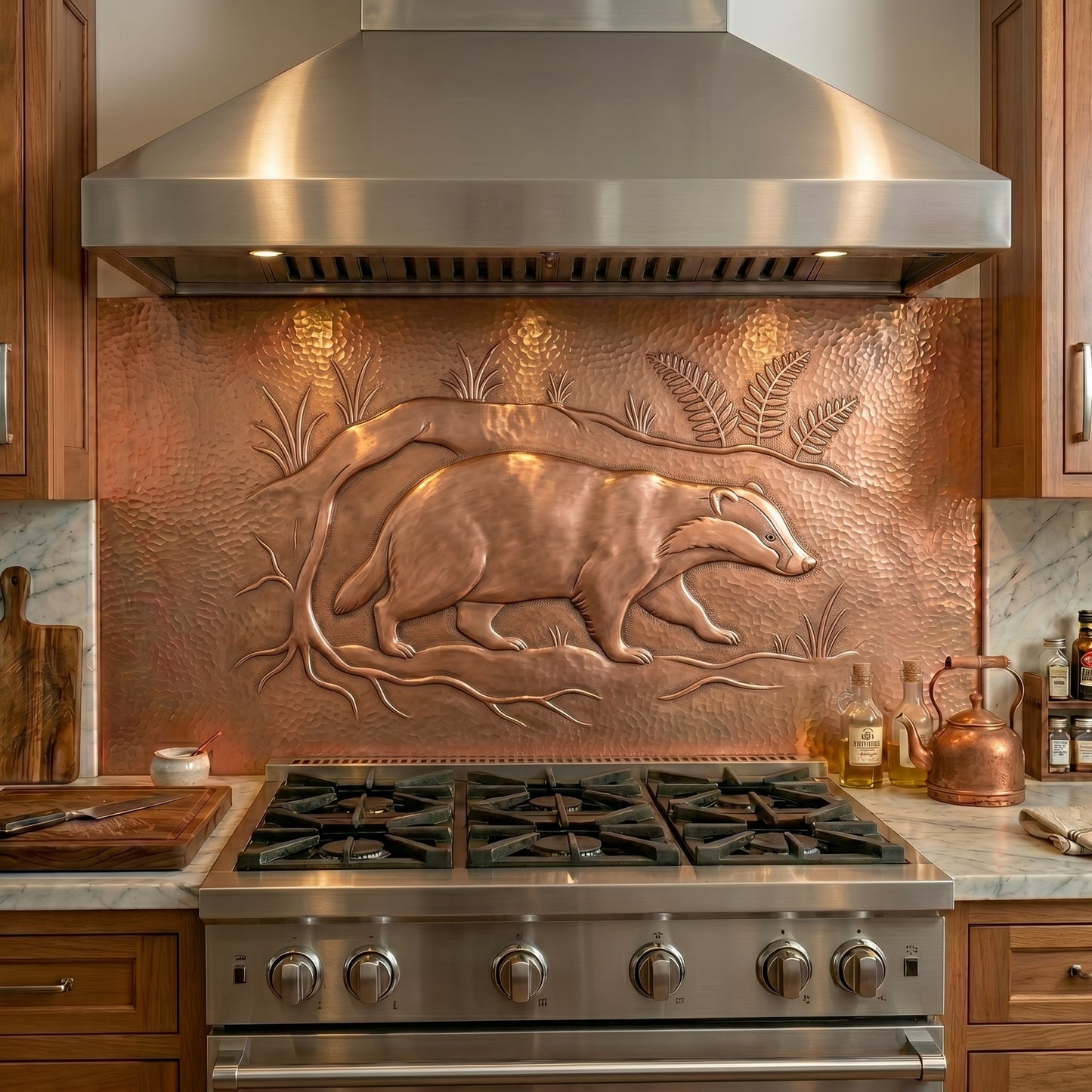 Handmade copper kitchen backsplash featuring a badger beneath exposed woodland roots and forest ferns. Custom wildlife wall decor for cabins, lodges, country homes, and nature-inspired kitchens.