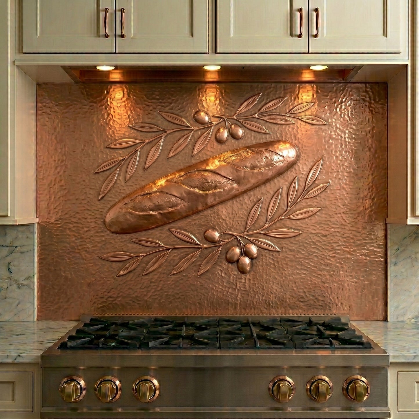 Baguette and Olive Branch Copper Kitchen Backsplash