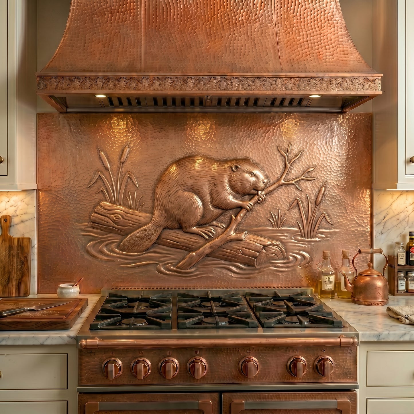 Handmade Beaver copper kitchen backsplash for behind the stove. Woodland wildlife wall decor featuring a hardworking beaver building with a branch beside a flowing stream, creating a striking focal point for cabin, lodge, farmhouse, and nature-inspired kitchens.