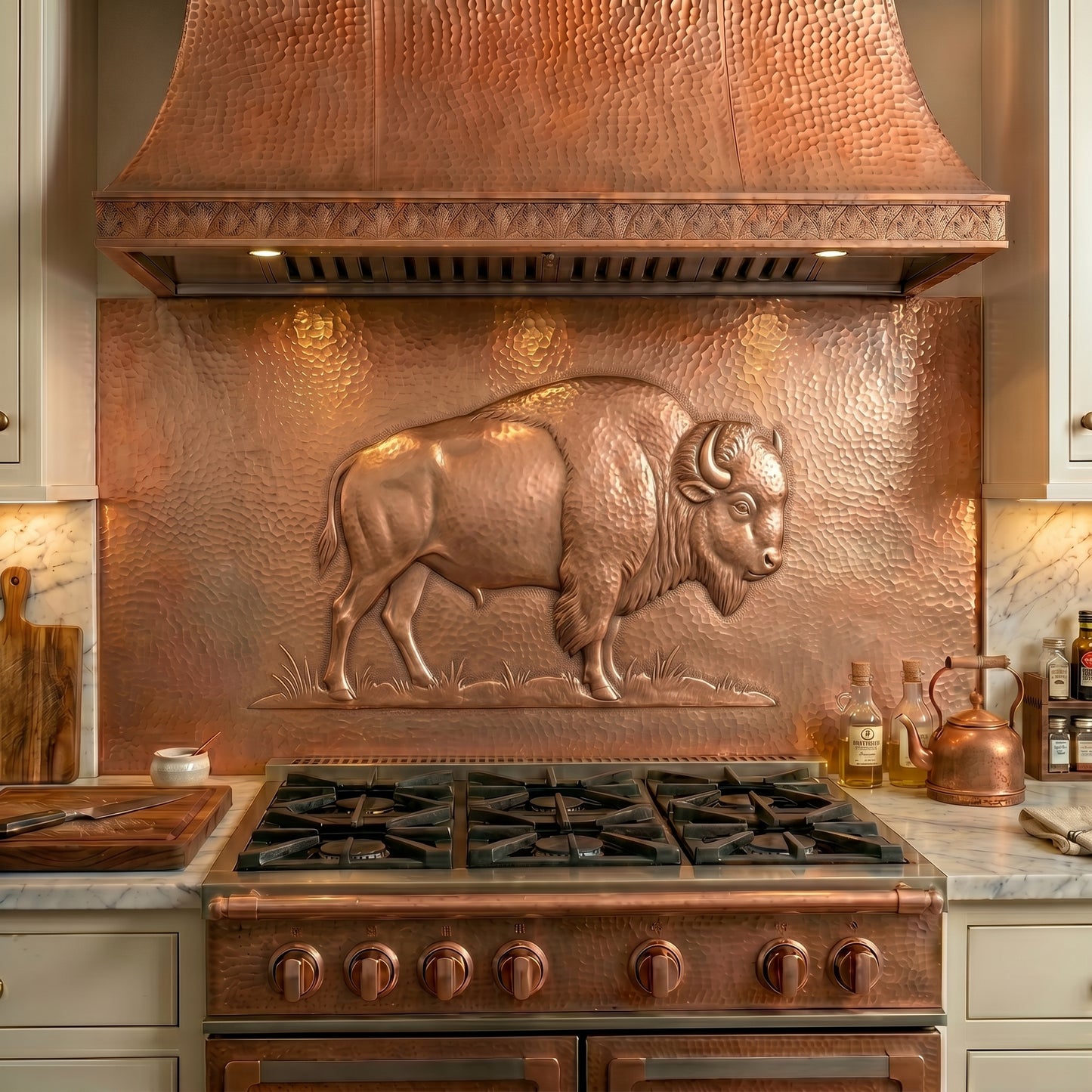 Handmade Bison copper kitchen backsplash for behind the stove. Western wildlife wall decor featuring a majestic American bison, creating a striking focal point for ranch, lodge, farmhouse, prairie, and rustic kitchens.