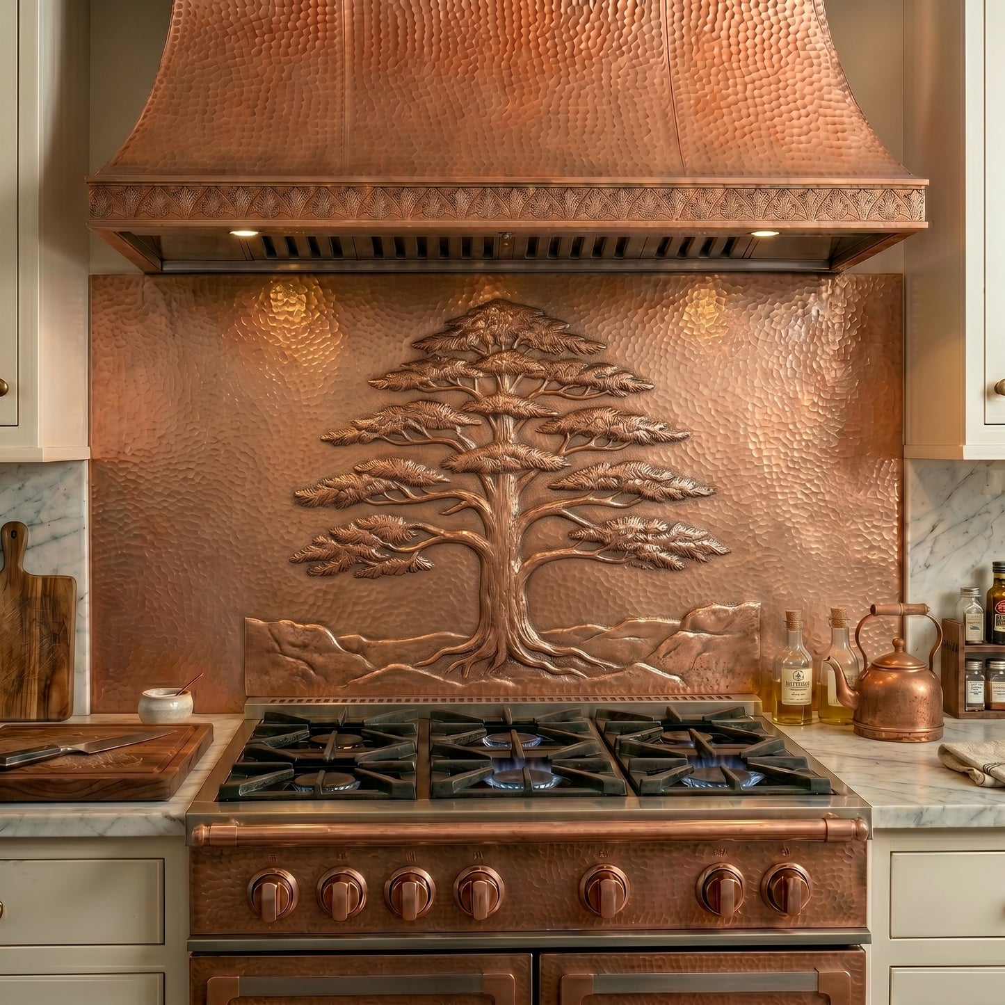 Handmade Blue Atlas Cedar copper stove backsplash crafted from real copper. Inspired by the iconic layered branches of the Atlas Cedar, this custom copper kitchen backsplash creates a dramatic focal point behind the stove, range, or cooktop. Available in custom sizes and finishes.