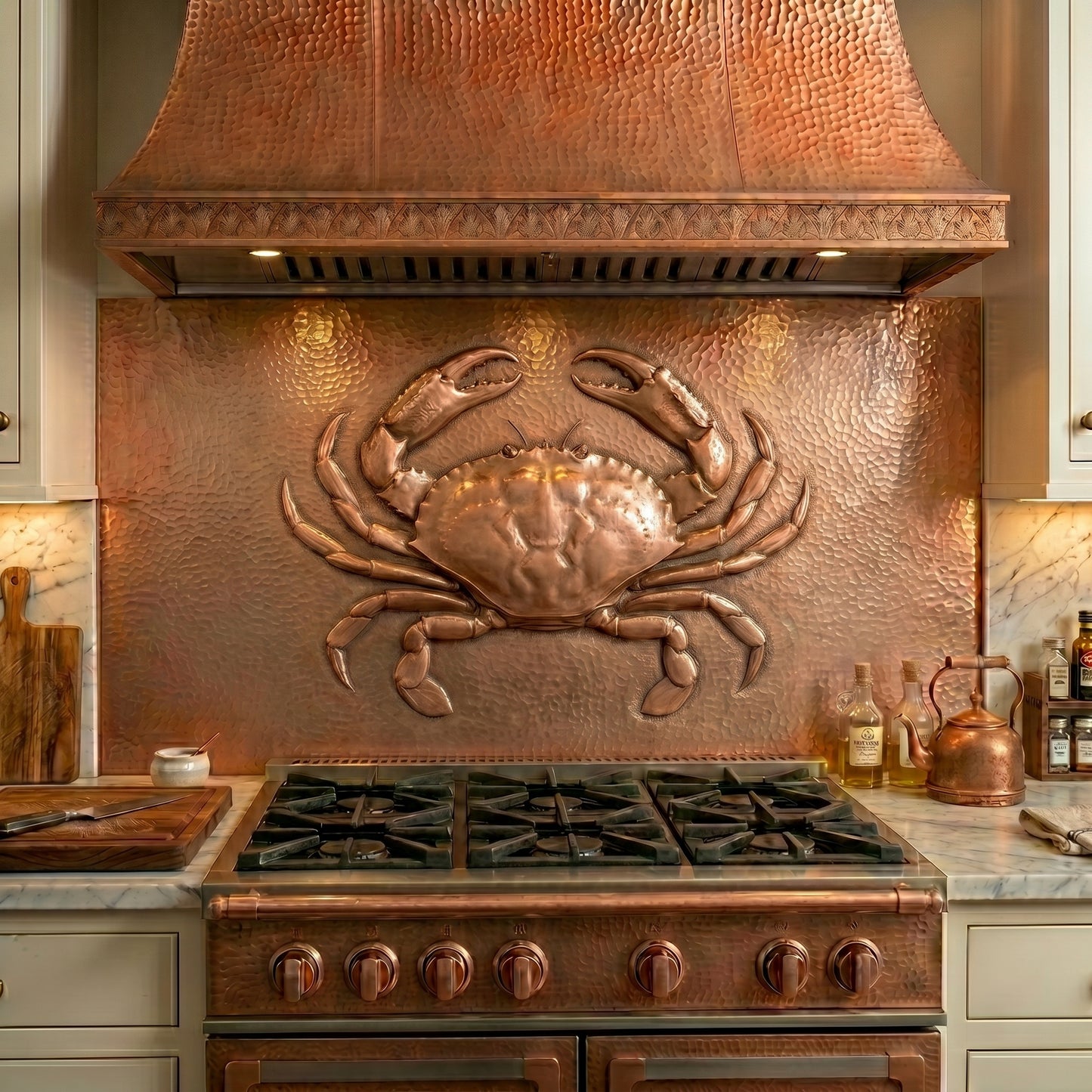 Handmade Blue Crab copper kitchen backsplash behind the stove. Coastal seafood wall decor for beach houses, waterfront homes, fishing lodges, lake houses, and nautical kitchens.