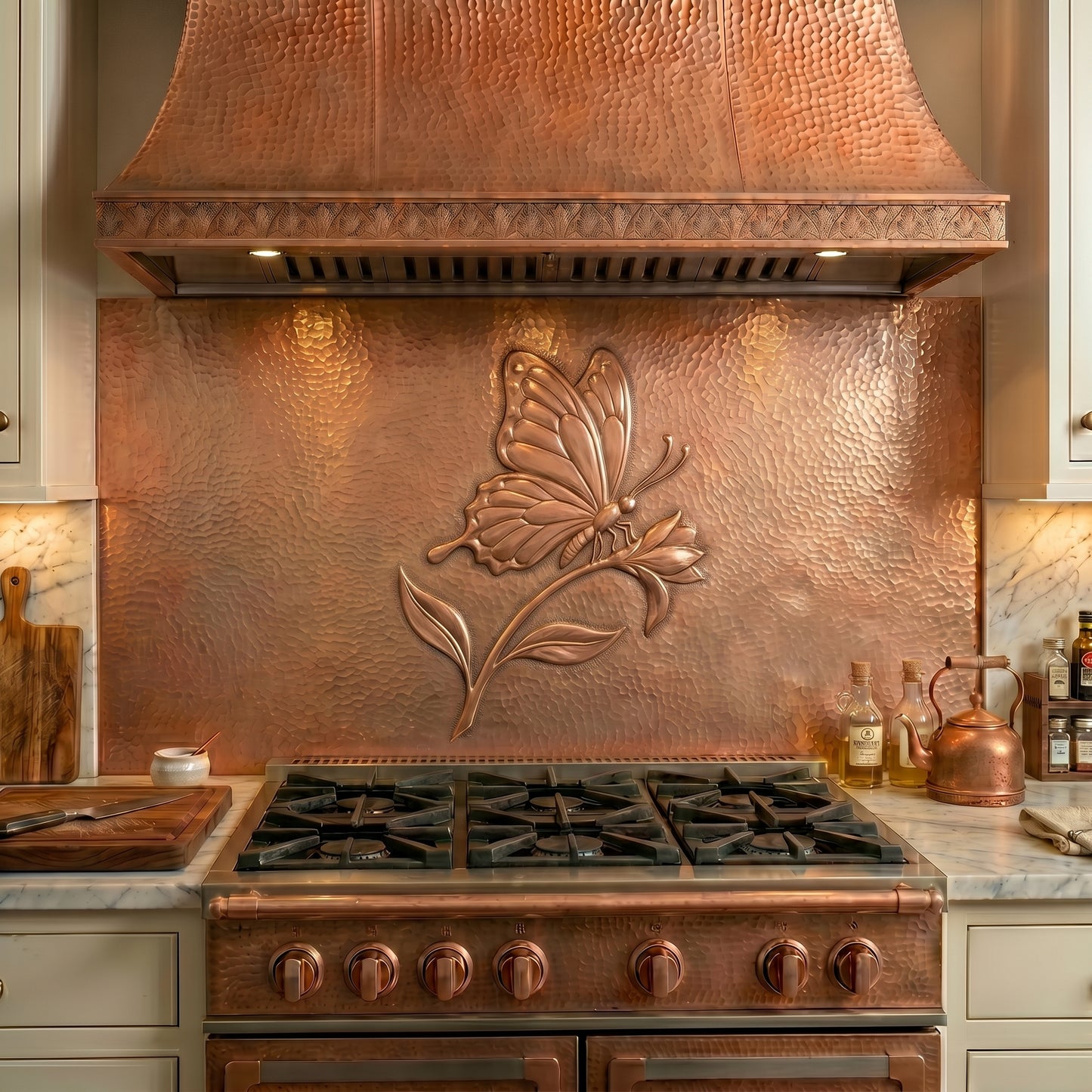 Handmade Butterfly & Blossom copper kitchen backsplash behind the stove. Elegant butterfly wall decor featuring a graceful butterfly resting on a blooming flower, creating a beautiful focal point for cottage, garden, farmhouse, and nature-inspired kitchens.