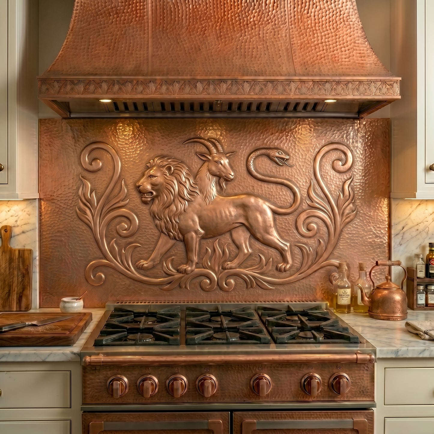 Handmade Chimera copper kitchen backsplash behind the stove. Mythological wall decor featuring the legendary lion, goat, and serpent creature from ancient mythology, creating a dramatic focal point for luxury kitchens, medieval-inspired homes, fantasy enthusiasts, and statement interiors.