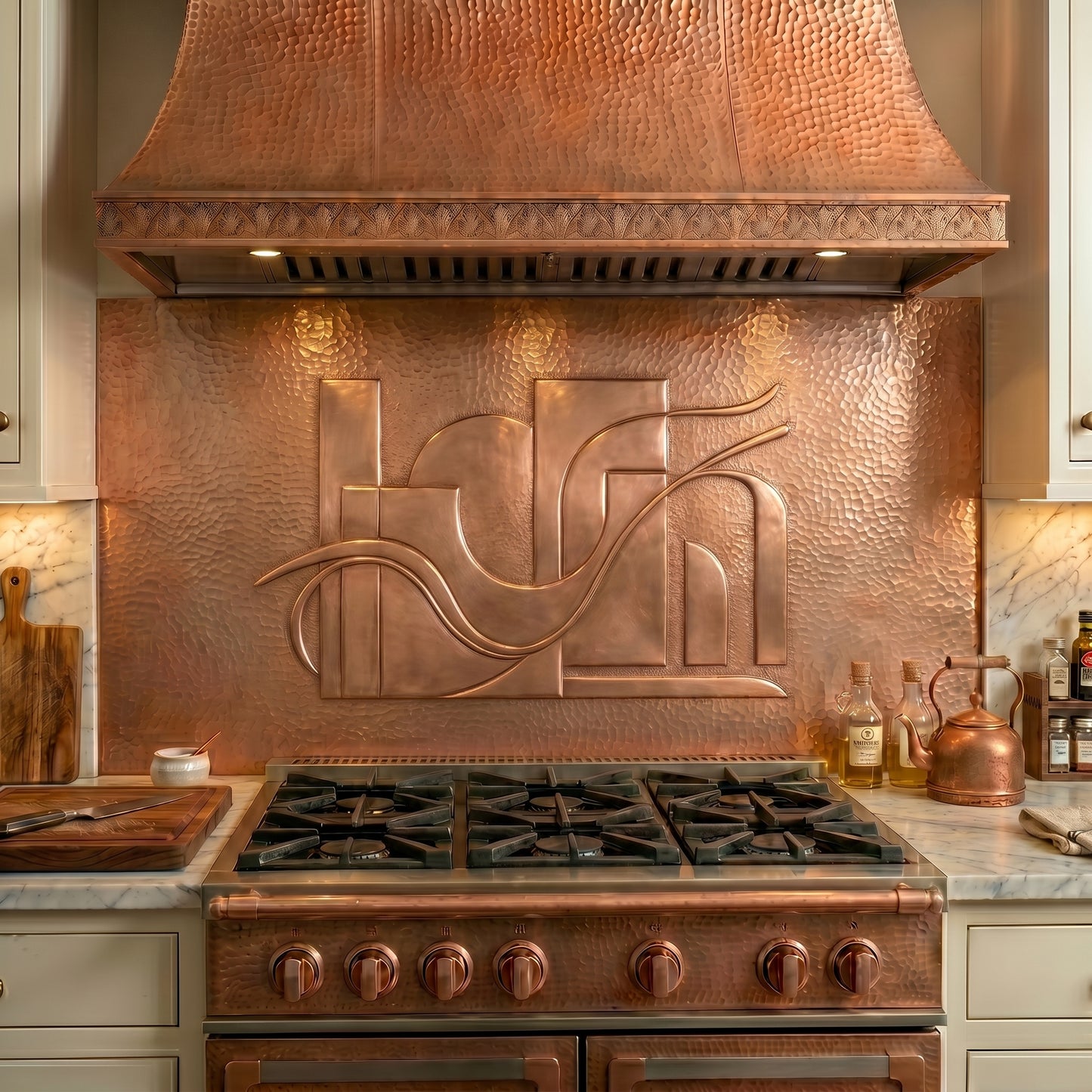Handmade Contemporary Style Copper Kitchen Backsplash featuring elegant geometric forms and flowing modern lines. Crafted from real copper with custom sizes available for kitchens, fireplaces, and feature walls.