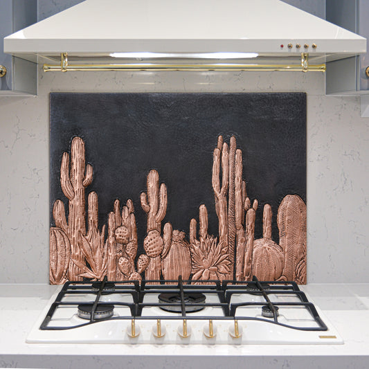 Southwestern Kitchen Backsplash Tile - Copper Cacti Desert Scene - Black - Natuross