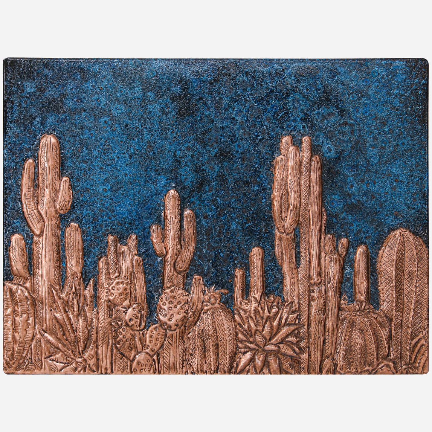 Southwestern Kitchen Backsplash Tile - Copper Cacti Desert Scene - Blue Patina