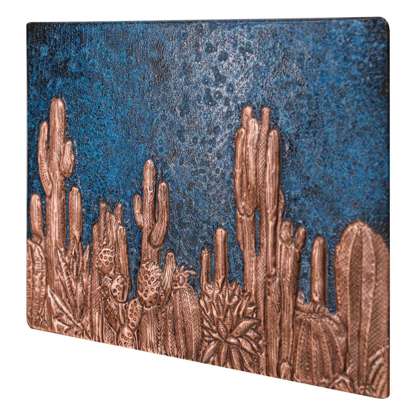 Southwestern Kitchen Backsplash Tile - Copper Cacti Desert Scene - Blue Patina