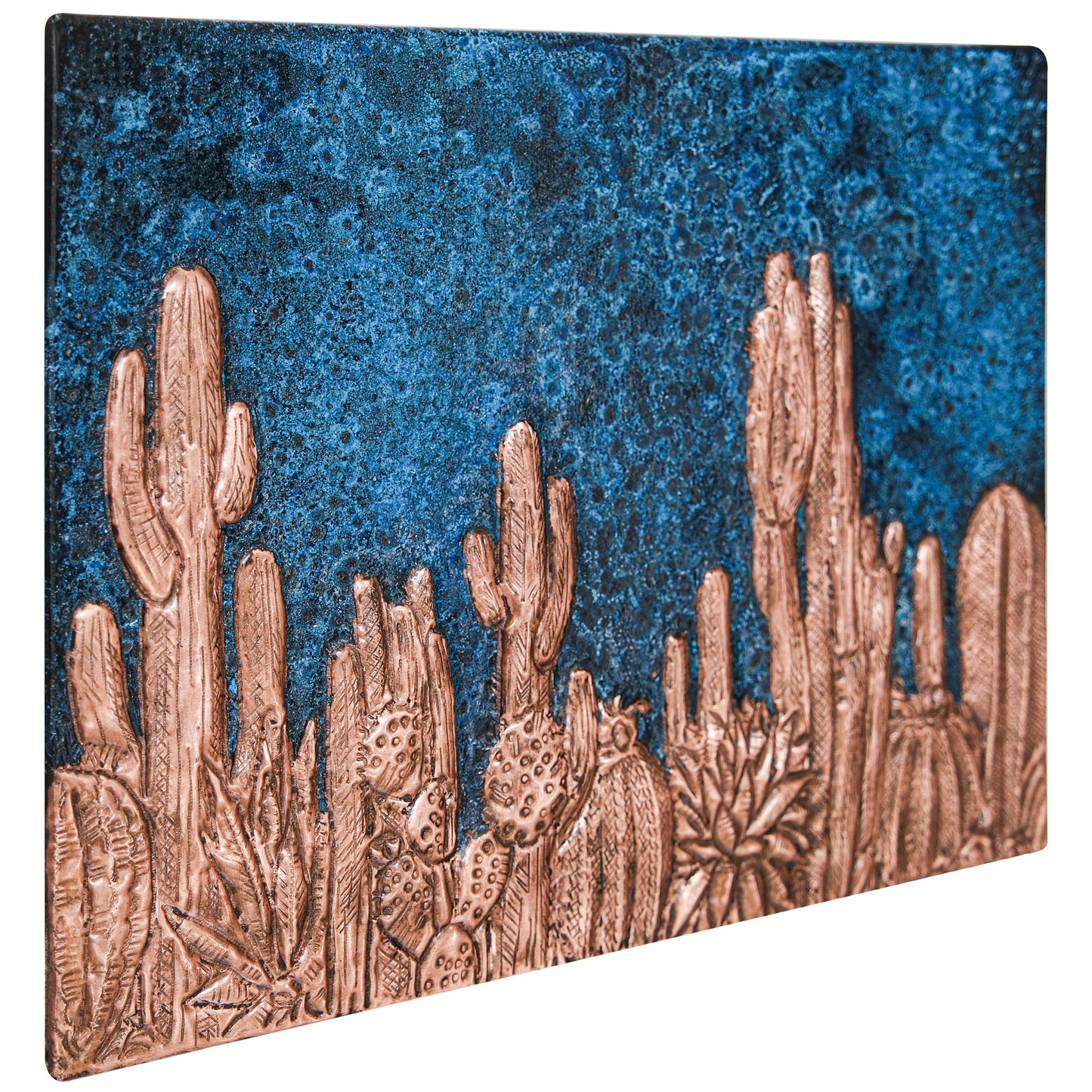 Southwestern Kitchen Backsplash Tile - Copper Cacti Desert Scene - Blue Patina