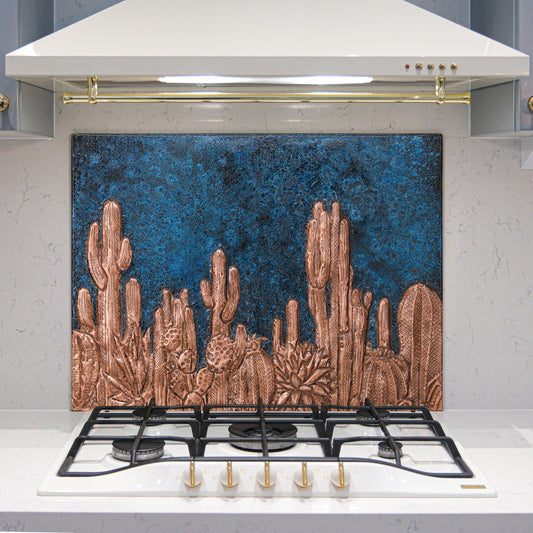 Southwestern Kitchen Backsplash Tile - Copper Cacti Desert Scene - Blue Patina - Natuross