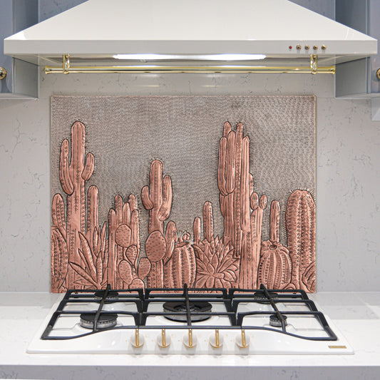 Southwestern Kitchen Backsplash Tile - Copper Cacti Desert Scene - Gray & Copper - Natuross