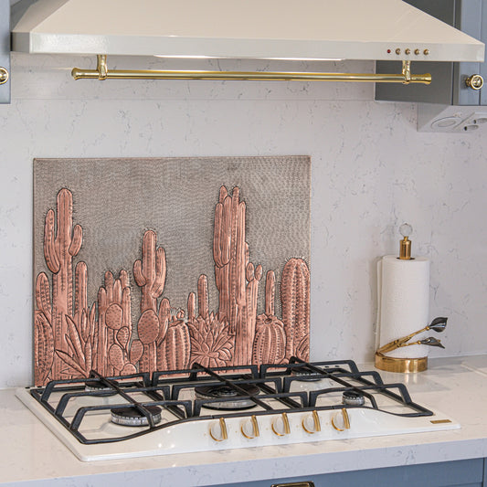 Southwestern Kitchen Backsplash Tile - Copper Cacti Desert Scene - Gray & Copper - Natuross