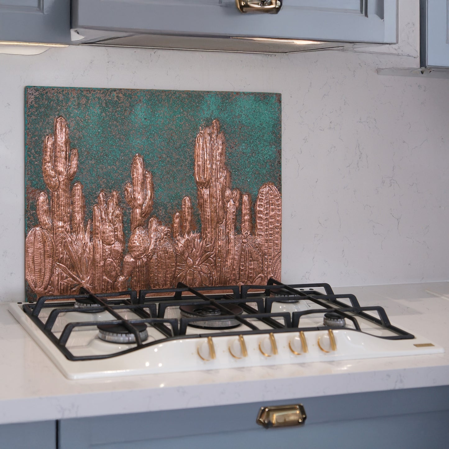 Southwestern Kitchen Backsplash Tile - Copper Cacti Desert Scene - Green Patina - Natuross