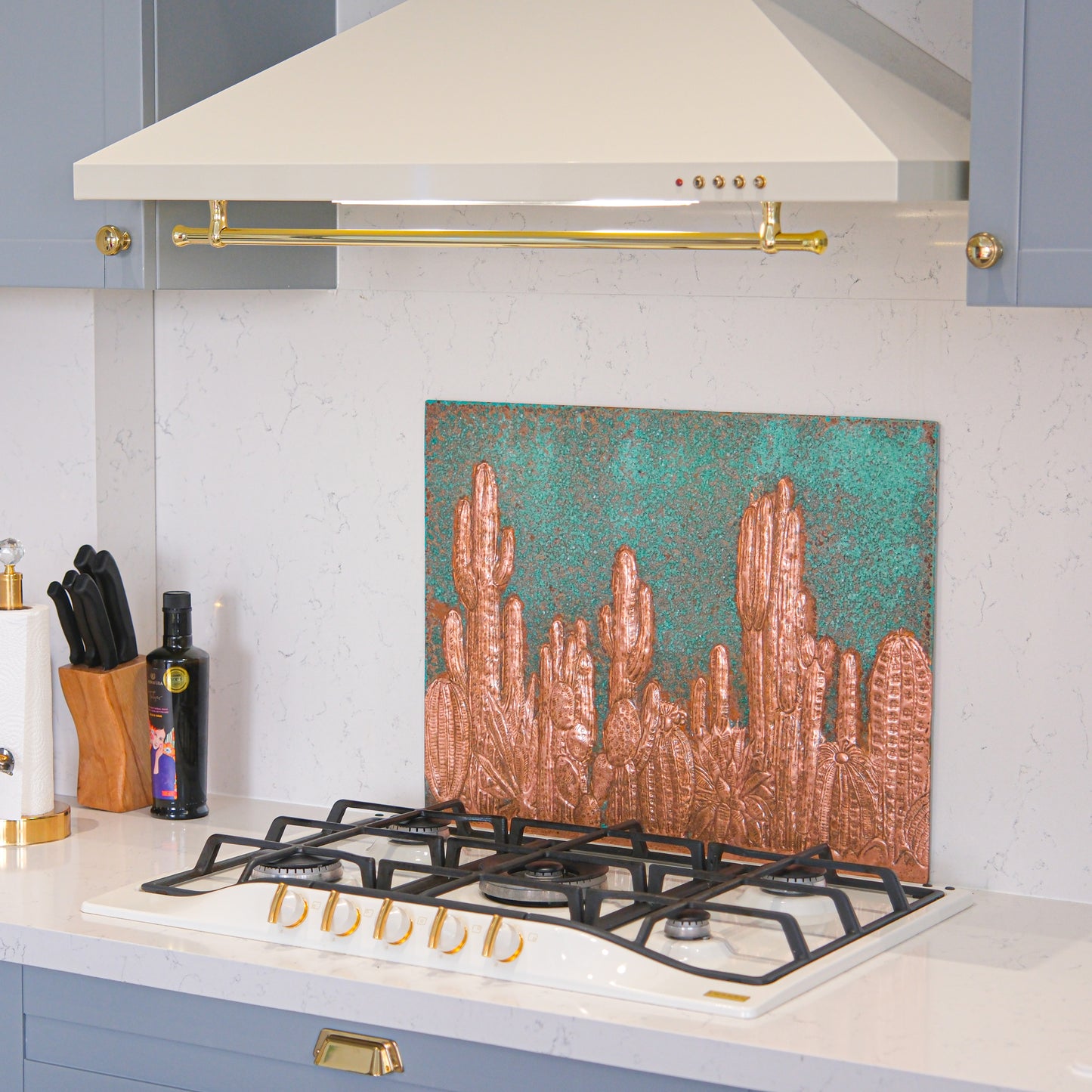 Southwestern Kitchen Backsplash Tile - Copper Cacti Desert Scene - Green Patina - Natuross
