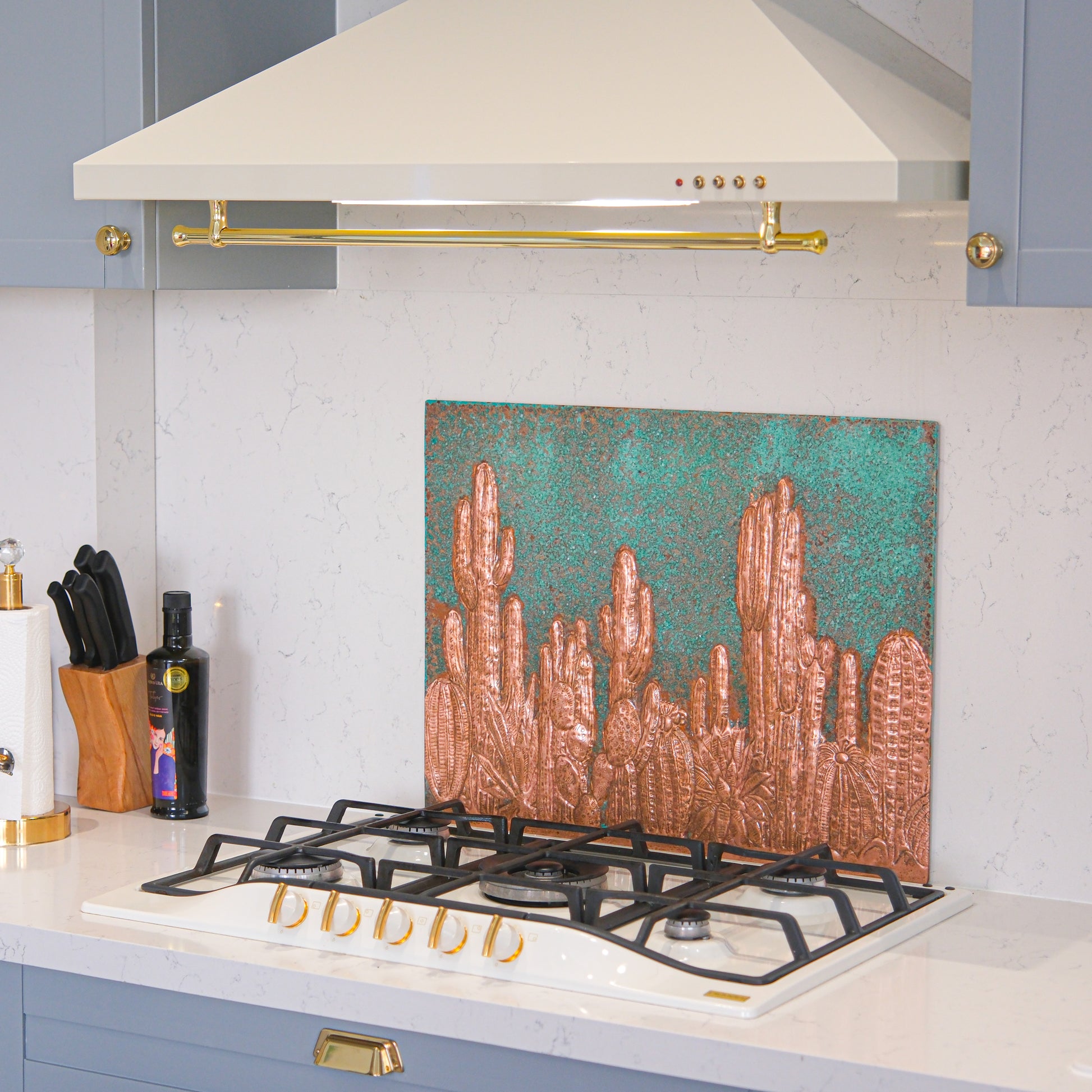 Southwestern Kitchen Backsplash Tile - Copper Cacti Desert Scene - Green Patina - Natuross