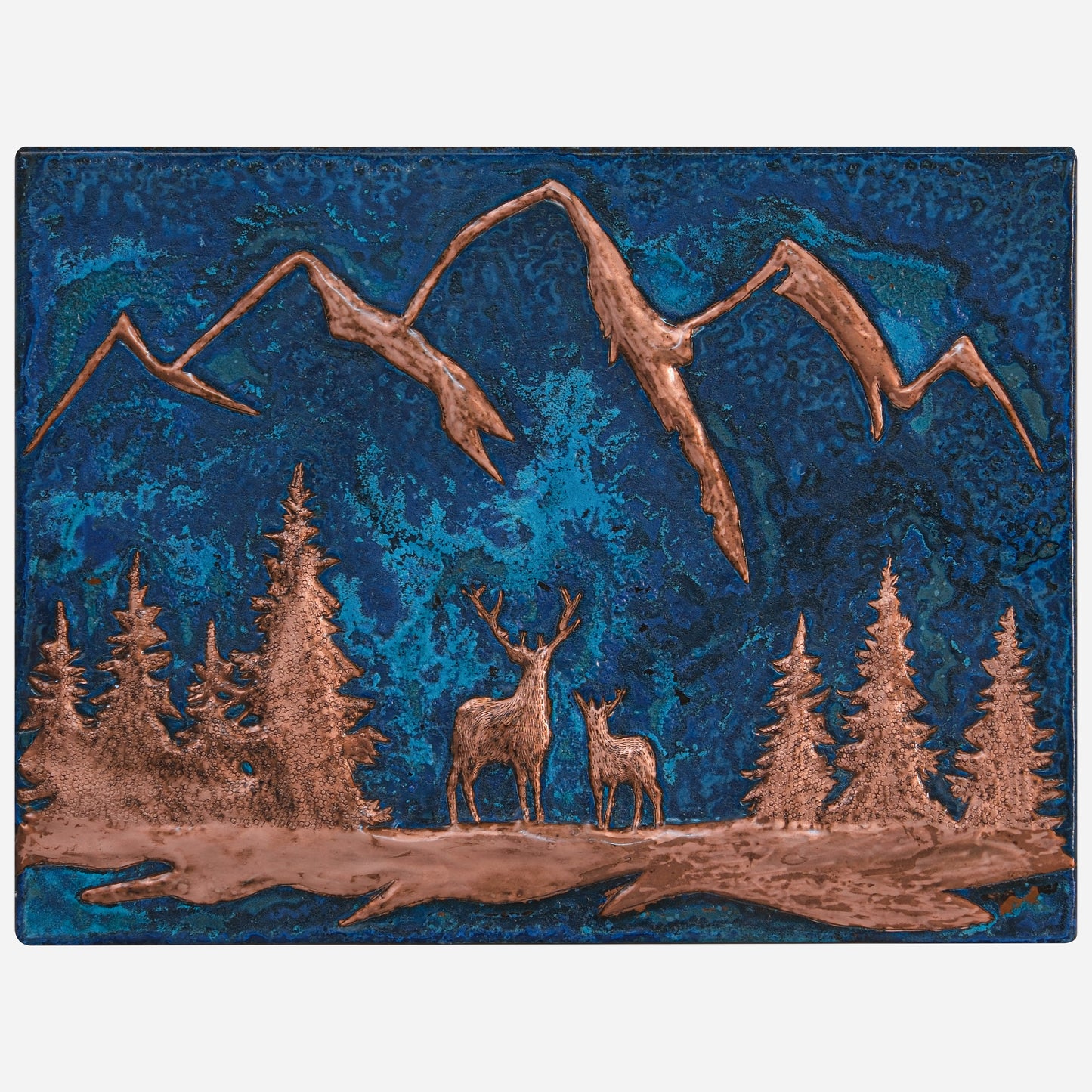 Lodge & Cabin Kitchen Backsplash Tile - Copper Deer in Forest - Blue Patina - Natuross
