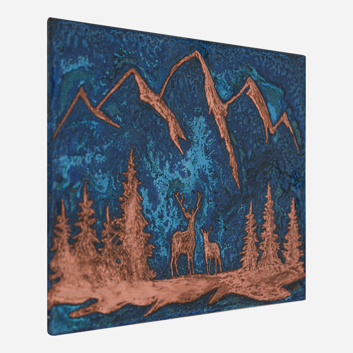 Lodge & Cabin Kitchen Backsplash Tile - Copper Deer in Forest - Blue Patina - Natuross