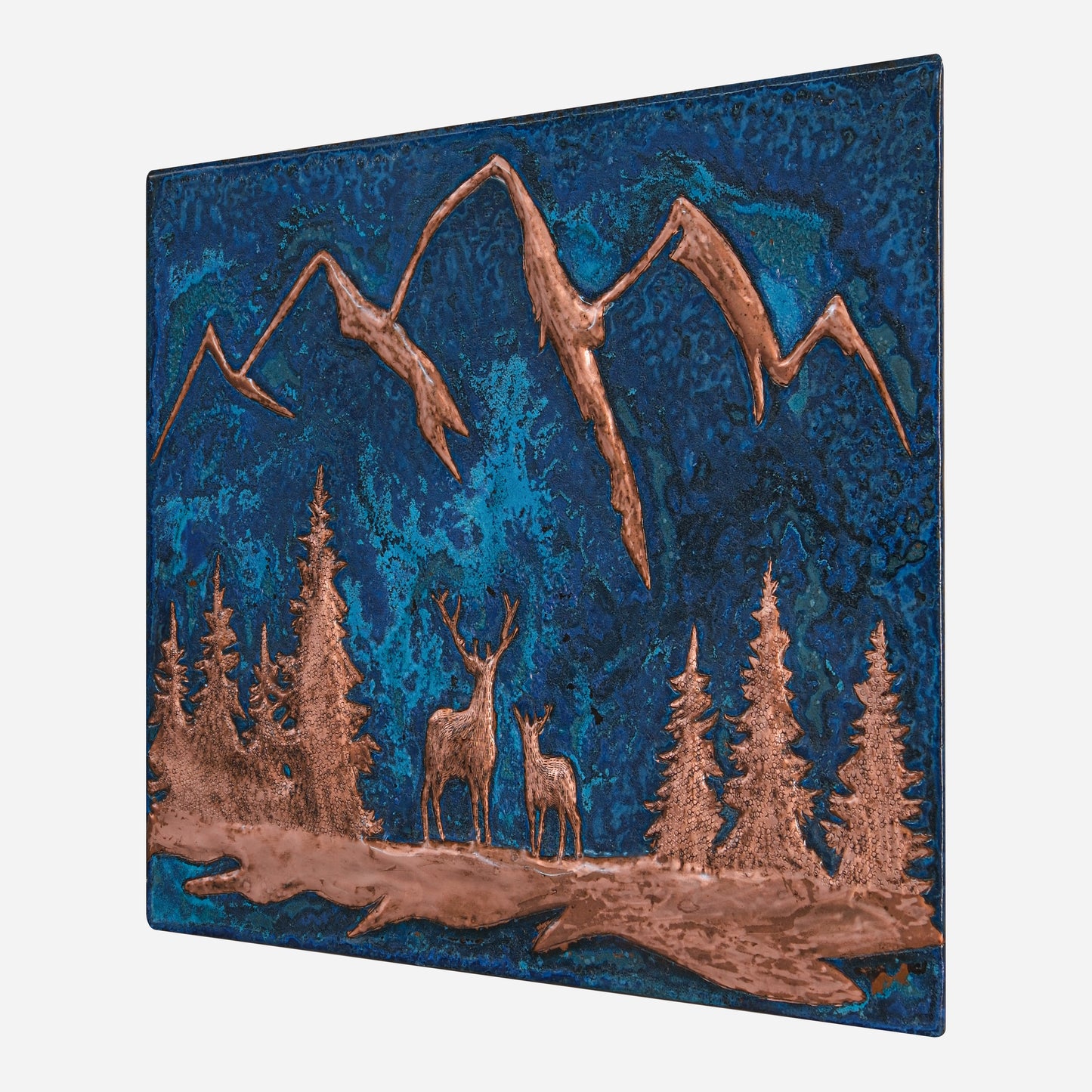 Lodge & Cabin Kitchen Backsplash Tile - Copper Deer in Forest - Blue Patina - Natuross